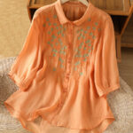Buddha Stones Leaf Embroidery Cotton Buttons Half Sleeve Women's Shirt - Orange - US12，UK/AU16，EU44 (2XL) - image 23
