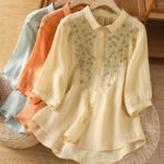 Buddha Stones Leaf Embroidery Cotton Buttons Half Sleeve Women's Shirt - image 12