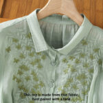Buddha Stones Leaf Embroidery Cotton Buttons Half Sleeve Women's Shirt - image 3
