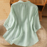 Buddha Stones Leaf Embroidery Cotton Buttons Half Sleeve Women's Shirt - image 2