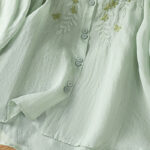 Buddha Stones Leaf Embroidery Cotton Buttons Half Sleeve Women's Shirt - image 9