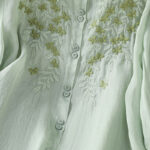 Buddha Stones Leaf Embroidery Cotton Buttons Half Sleeve Women's Shirt - image 7