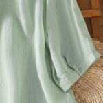 Buddha Stones Leaf Embroidery Cotton Buttons Half Sleeve Women's Shirt - image 6