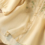 Buddha Stones Leaf Embroidery Cotton Buttons Half Sleeve Women's Shirt - image 21