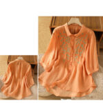 Buddha Stones Leaf Embroidery Cotton Buttons Half Sleeve Women's Shirt - image 33