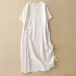 Buddha Stones Summer V-Neck Frog-Button Short Sleeve Cotton Linen Midi Dress - White - US8-10，UK/AU12-14，EU40-42 (2XL) - image 12