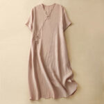 Buddha Stones Summer V-Neck Frog-Button Short Sleeve Cotton Linen Midi Dress - MistyRose - US8-10，UK/AU12-14，EU40-42 (2XL) - image 1
