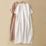 Buddha Stones Summer V-Neck Frog-Button Short Sleeve Cotton Linen Midi Dress - image 13