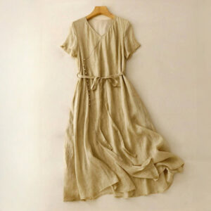Buddha Stones Summer V-Neck Lace-up Short Sleeve Cotton Linen Midi Dress With Pockets - BurlyWood - US8-10，UK/AU12-14，EU40-42 (2XL) - image 1