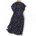 Buddha Stones Polka Dot V-Neck Lace-up Cotton Linen Women's Midi Dress With Pockets - Navy - US8-10，UK/AU12-14，EU40-42 (2XL) - image 1