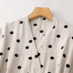 Buddha Stones Polka Dot V-Neck Lace-up Cotton Linen Women's Midi Dress With Pockets - image 11