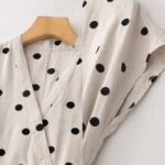 Buddha Stones Polka Dot V-Neck Lace-up Cotton Linen Women's Midi Dress With Pockets - image 17
