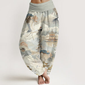 Buddha Stones Casual Cranes Clouds Pagodas Pattern Women's Harem Pants - DarkSeaGreen - US22，UK/AU26，EU54 (6XL) - image 1
