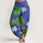 Buddha Stones Casual Green Lotus Leaves White Flowers Pattern Women's Harem Pants - SlateBlue - US22，UK/AU26，EU54 (6XL) - image 1
