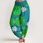 Buddha Stones Casual Green Lotus Leaves White Flowers Pattern Women's Harem Pants - LightSeaGreen - US22，UK/AU26，EU54 (6XL) - image 5