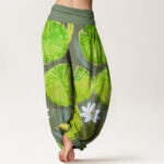 Buddha Stones Casual Green Lotus Leaves White Flowers Pattern Women's Harem Pants - image 9