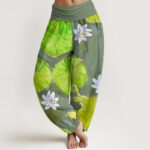 Buddha Stones Casual Green Lotus Leaves White Flowers Pattern Women's Harem Pants - DarkSeaGreen - US22，UK/AU26，EU54 (6XL) - image 8