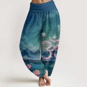 Buddha Stones Casual Lotus Flowers Om Symbol Mountains Lake Pattern Women's Harem Pants - Teal - US22，UK/AU26，EU54 (6XL) - image 1