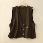 Buddha Stones Solid Color Front Buttons Sleeveless Women's Cotton Waistcoat With Pockets - SaddleBrown - US8-10，UK/AU12-14，EU40-42 (2XL) - image 9