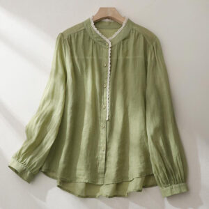 Buddha Stones Vintage Pure Color Lace Design Long Lantern Sleeve Women's Cotton Linen Shirt - YellowGreen - US14，UK/AU18，EU46 (2XL) - image 1