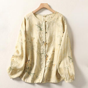 Buddha Stones Commute Chinese Frog-Button Long Lantern Sleeve Women's Cotton Linen Shirt - LemonChiffon - US12，UK/AU16，EU44 (2XL) - image 1