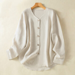 Buddha Stones Casual Spring Plain Buttons Design V-Neck Long Sleeve Women's Cotton Linen Shirt - Linen - US14，UK/AU18，EU46 (2XL) - image 1