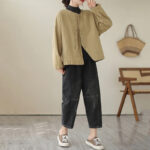 Buddha Stones Spring Plain Asymmetry Design Long Sleeve Women's Cotton Linen Jacket With Pockets - image 5