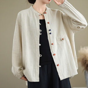 Buddha Stones Vintage Colorful Buttons Design Long Sleeve Women's Cotton Linen Jacket - Beige - US14，UK/AU18，EU46 (2XL) - image 1
