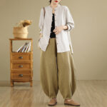 Buddha Stones Casual Solid Color Front Buttons Design Long Sleeve Women's Cotton Linen Jacket - image 6