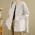 Buddha Stones Casual Solid Color Front Buttons Design Long Sleeve Women's Cotton Linen Jacket - image 2