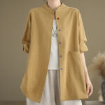 Buddha Stones Commute Casual Pure Color Long Sleeve Women's Cotton Linen Jacket With Pocket - image 5