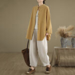 Buddha Stones Commute Casual Pure Color Long Sleeve Women's Cotton Linen Jacket With Pocket - image 6