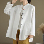 Buddha Stones Commute Casual Pure Color Long Sleeve Women's Cotton Linen Jacket With Pocket - image 14