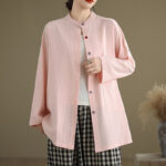 Buddha Stones Commute Casual Pure Color Long Sleeve Women's Cotton Linen Jacket With Pocket - MistyRose - US14，UK/AU18，EU46 (2XL) - image 17