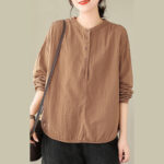 Buddha Stones Commute Spring Plain Half Buttons Simple Design Women's Cotton Linen Shirt - image 14