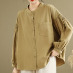 Buddha Stones Commute Plain Half Buttons Accordion Pleats Design Women's Cotton Linen Shirt - image 2