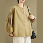 Buddha Stones Commute Plain Half Buttons Accordion Pleats Design Women's Cotton Linen Shirt - image 5