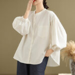Buddha Stones Commute Plain Half Buttons Accordion Pleats Design Women's Cotton Linen Shirt - Ivory - US8-10，UK/AU12-14，EU40-42 (2XL) - image 18