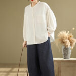 Buddha Stones Commute Plain Half Buttons Accordion Pleats Design Women's Cotton Linen Shirt - image 24