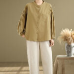 Buddha Stones Commute Plain Half Buttons Accordion Pleats Design Women's Cotton Linen Shirt - image 7