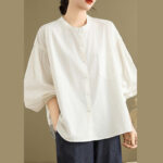Buddha Stones Commute Plain Half Buttons Accordion Pleats Design Women's Cotton Linen Shirt - image 23