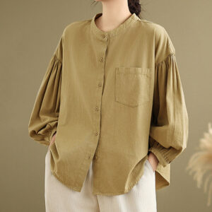 Buddha Stones Commute Plain Half Buttons Accordion Pleats Design Women's Cotton Linen Shirt - DarkGoldenrod - US8-10，UK/AU12-14，EU40-42 (2XL) - image 1