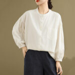 Buddha Stones Commute Plain Half Buttons Accordion Pleats Design Women's Cotton Linen Shirt - image 21