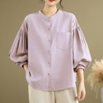 Buddha Stones Commute Plain Half Buttons Accordion Pleats Design Women's Cotton Linen Shirt - Thistle - US8-10，UK/AU12-14，EU40-42 (2XL) - image 13