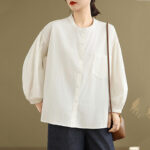 Buddha Stones Commute Plain Half Buttons Accordion Pleats Design Women's Cotton Linen Shirt - image 19
