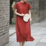 Buddha Stones Casual Plain Cheongsam Lace-Up Design Cotton Linen Short Sleeve Midi Dress - FireBrick - US8-10，UK/AU12-14，EU40-42 (2XL) - image 1