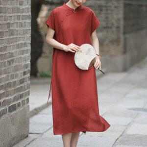 Buddha Stones Casual Plain Cheongsam Lace-Up Design Cotton Linen Short Sleeve Midi Dress - FireBrick - US8-10，UK/AU12-14，EU40-42 (2XL) - image 1