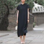 Buddha Stones Casual Plain Cheongsam Lace-Up Design Cotton Linen Short Sleeve Midi Dress - image 20
