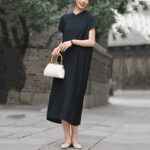 Buddha Stones Casual Plain Cheongsam Lace-Up Design Cotton Linen Short Sleeve Midi Dress - image 21