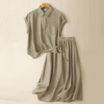 Buddha Stones 2Pcs Shirt Top 7-8 Length Skirt With Pockets Cotton Linen Clothing Women's Set - DarkKhaki - US8-10，UK/AU12-14，EU40-42 (2XL) - image 1